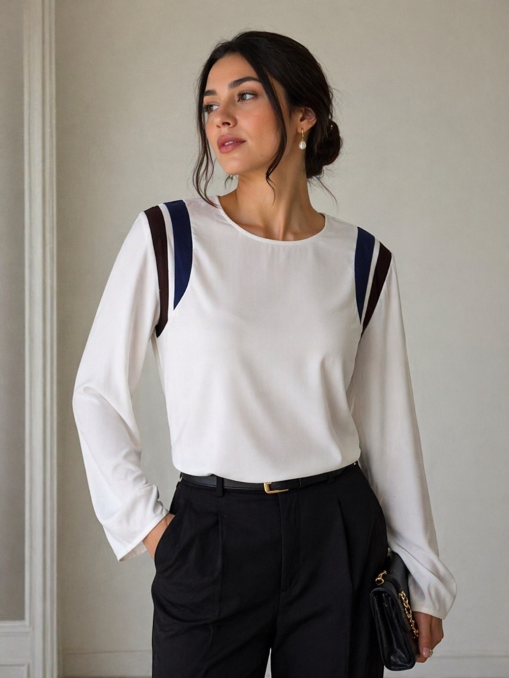 Maje White Blouse with Navy and Burgundy Shoulder Stripes